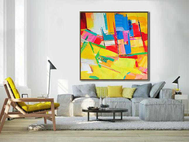 Oversized Palette Knife Painting Contemporary Art On Canvas,Large Living Room Decor,Yellow,Red,Blue,Pink,Light Green